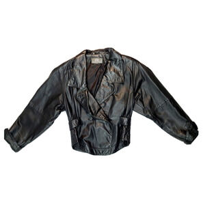 GIII Leather Designer Women's Waist Length Double Breasted Black Jacket Blazer S